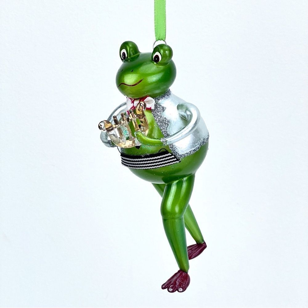 Blown Glass Christopher Radko Musician Green Frog Ornament With Instrument